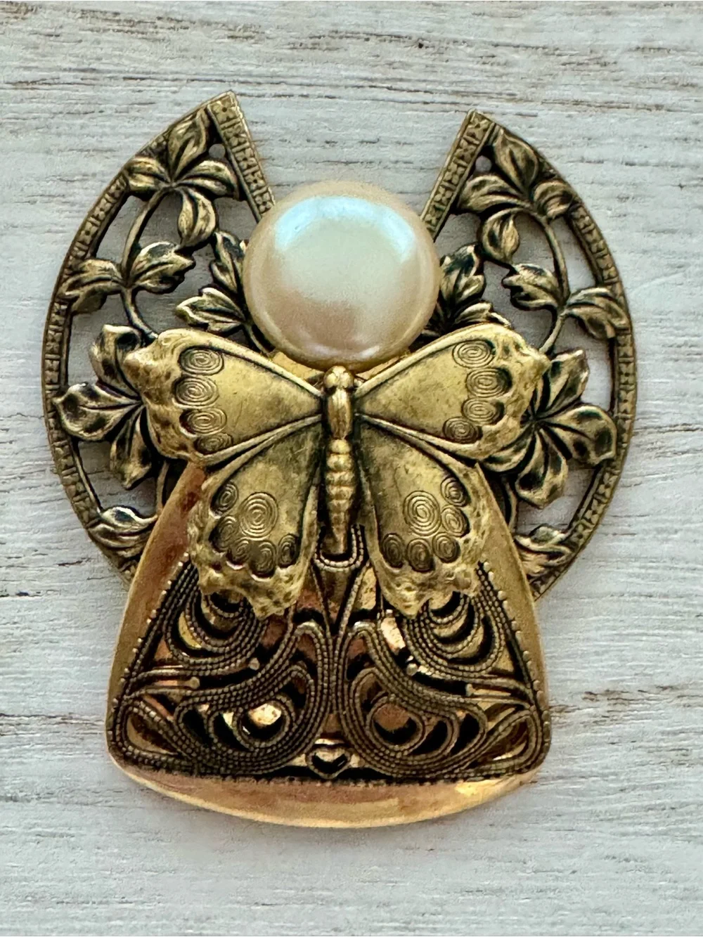 Vintage Gold Butterfly Angel Accent with Pearl 1996 signed
